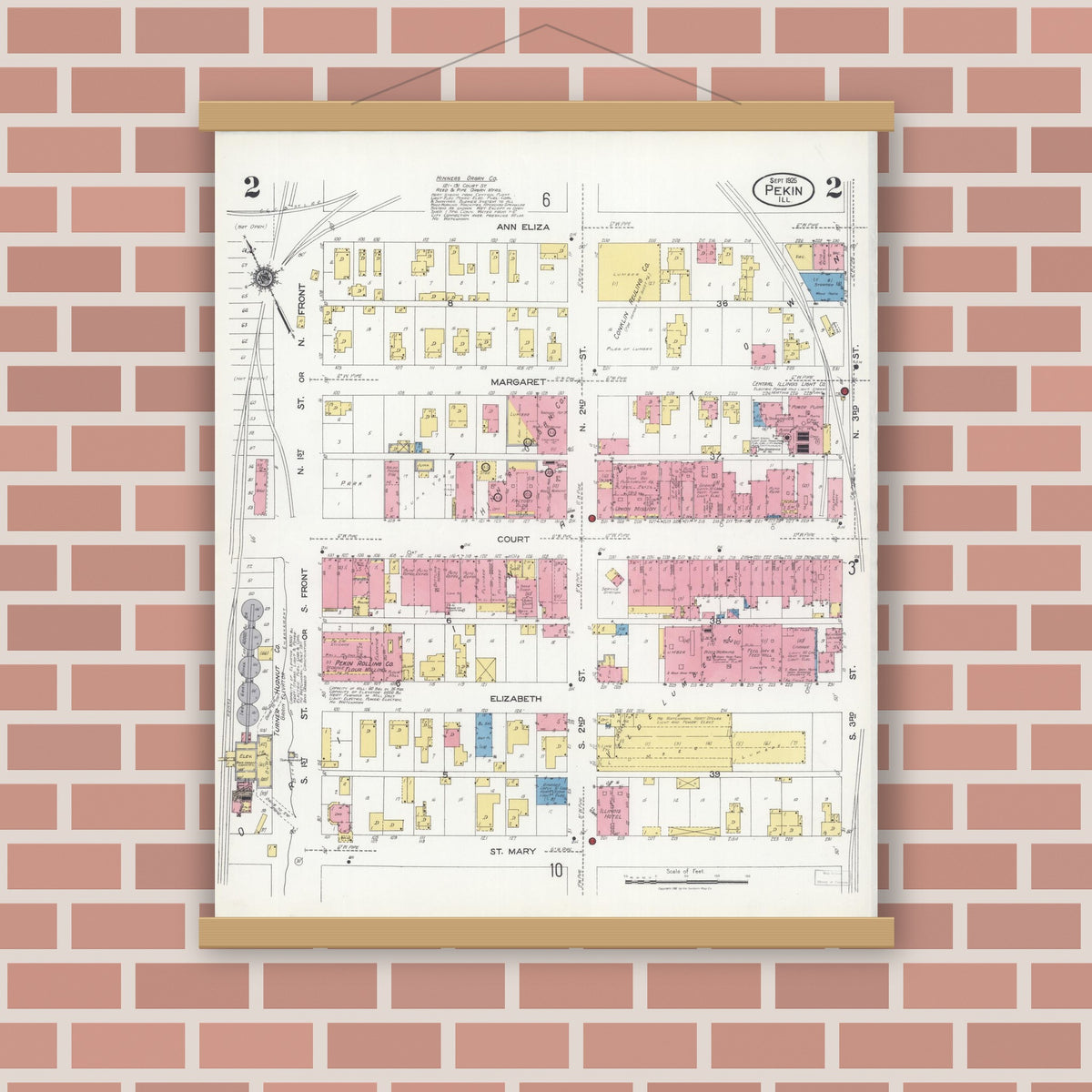 Old map wall art mockup — magnetic wood frame on brick wall — Sanborn Fire Insurance Map from Pekin, Tazewell County, Illinois (1925), Sheet #0002