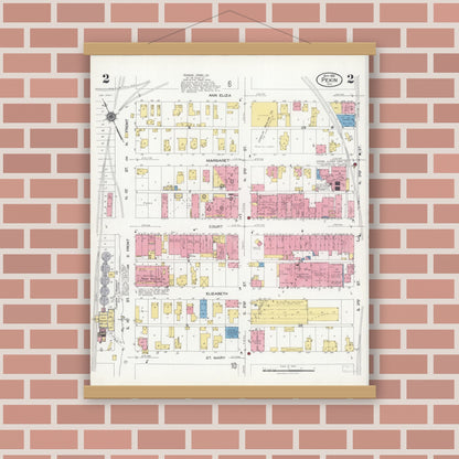 Old map wall art mockup — magnetic wood frame on brick wall — Sanborn Fire Insurance Map from Pekin, Tazewell County, Illinois (1925), Sheet #0002