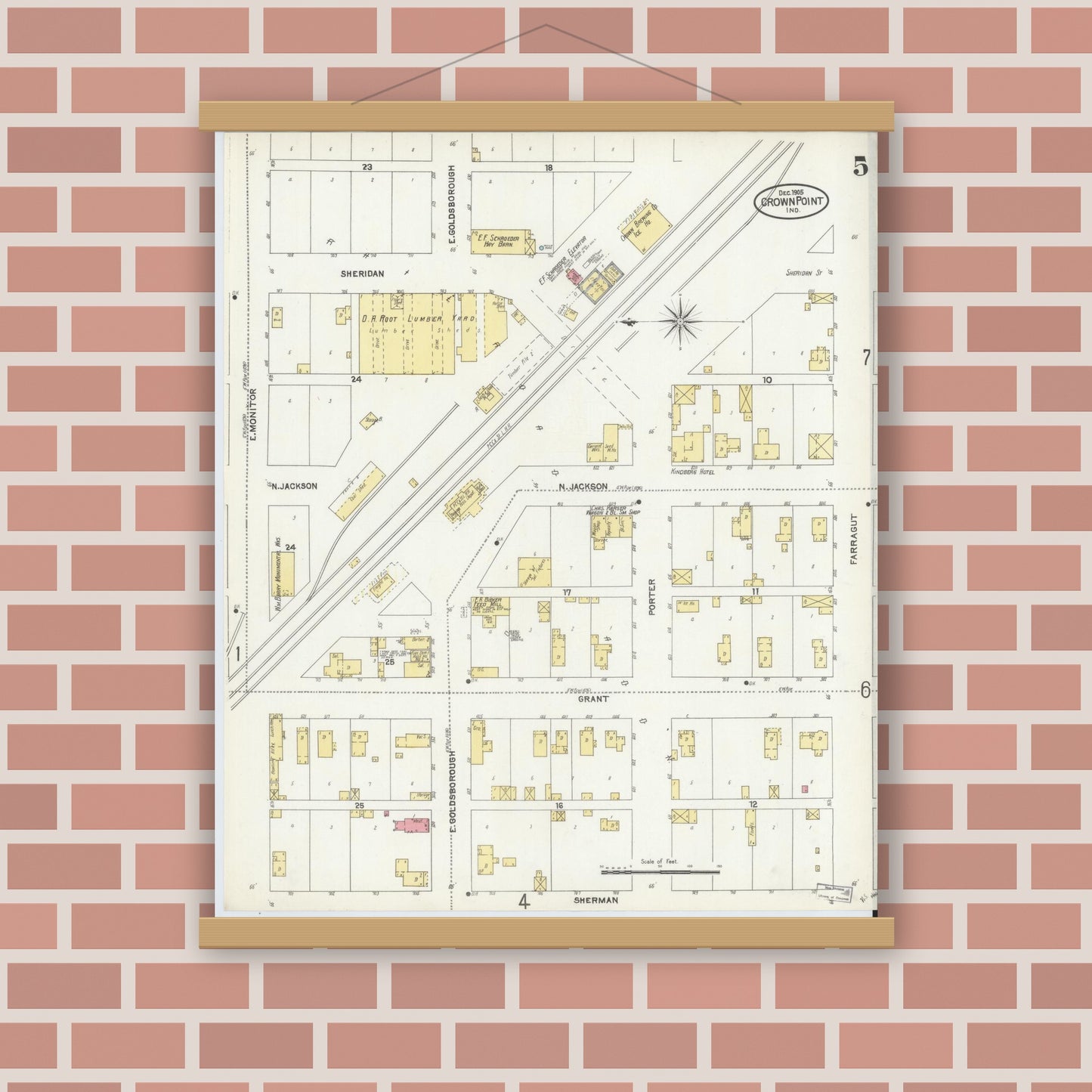 Old map wall art mockup — magnetic wood frame on brick wall — Sanborn Fire Insurance Map from Crown Point, Lake County, Indiana (1905), Sheet #0005
