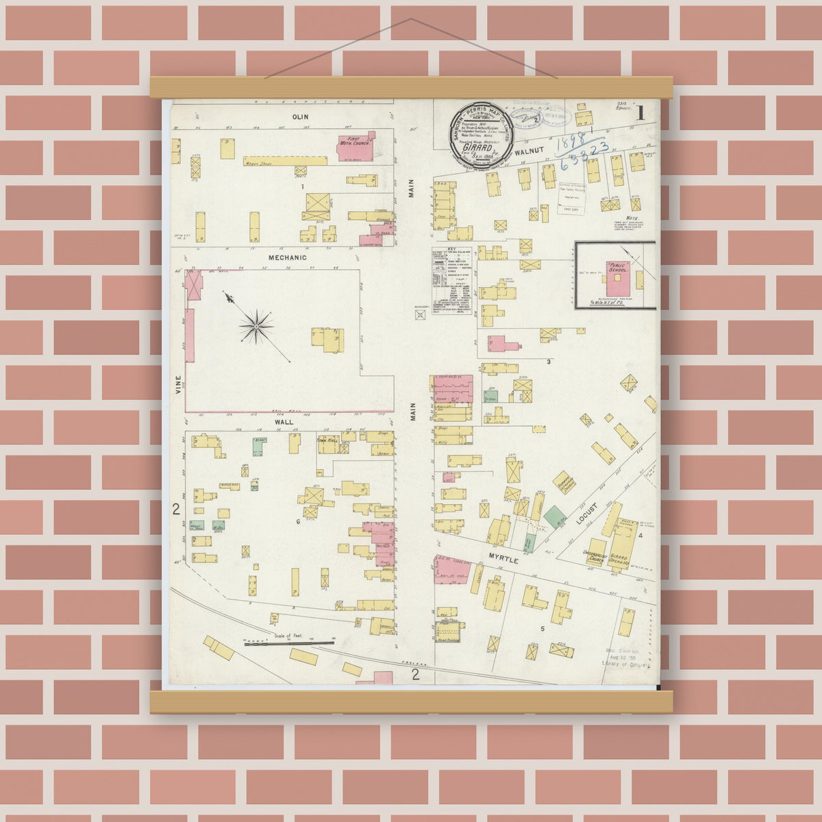 Old map wall art mockup — magnetic wood frame on brick wall — Sanborn Fire Insurance Map from Girard, Erie County, Pennsylvania (1898) - Complete Map Set