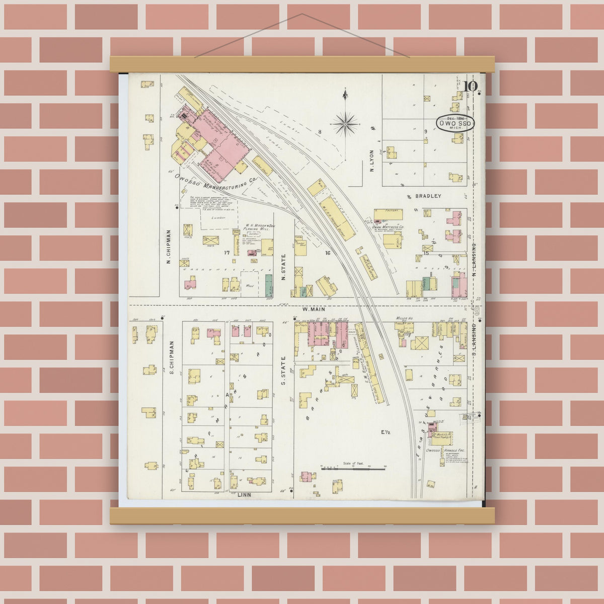 Old map wall art mockup — magnetic wood frame on brick wall — Sanborn Fire Insurance Map from Owosso, Shiawassee County, Michigan (1894), Sheet #0010