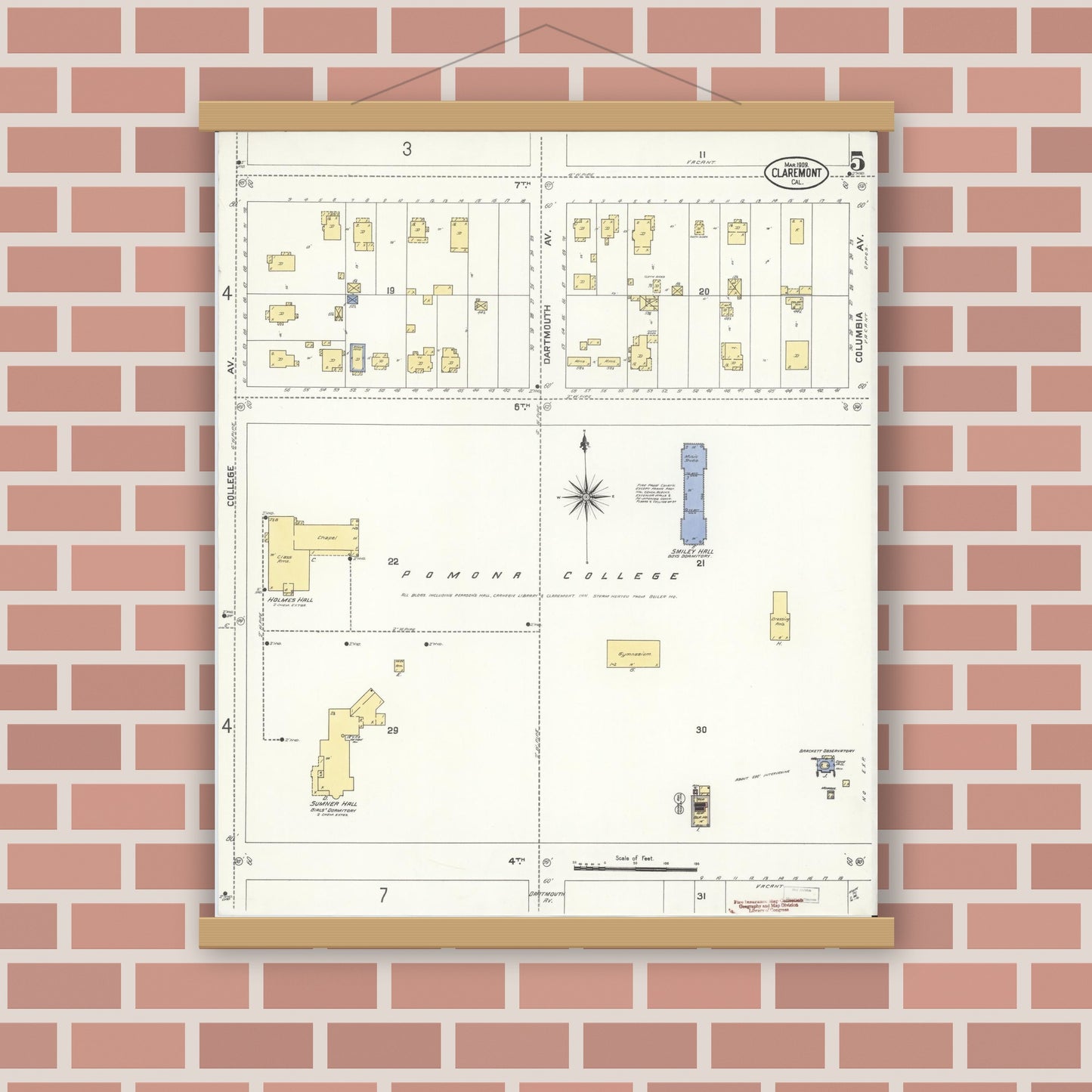 Old map wall art mockup — magnetic wood frame on brick wall — Sanborn Fire Insurance Map from Claremont, Los Angeles County, California (1909), Sheet #0005