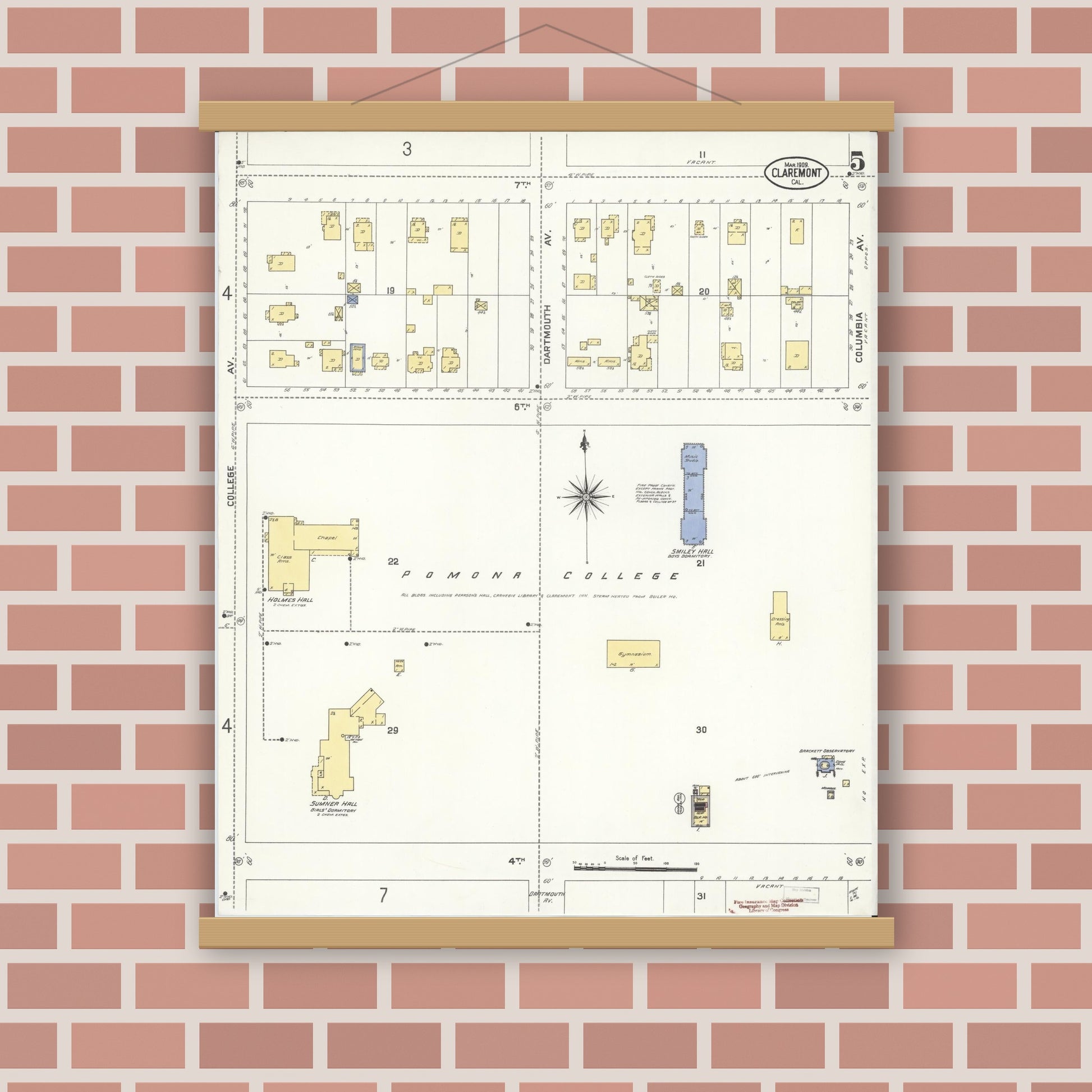 Old map wall art mockup — magnetic wood frame on brick wall — Sanborn Fire Insurance Map from Claremont, Los Angeles County, California (1909), Sheet #0005