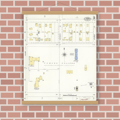 Old map wall art mockup — magnetic wood frame on brick wall — Sanborn Fire Insurance Map from Claremont, Los Angeles County, California (1909), Sheet #0005