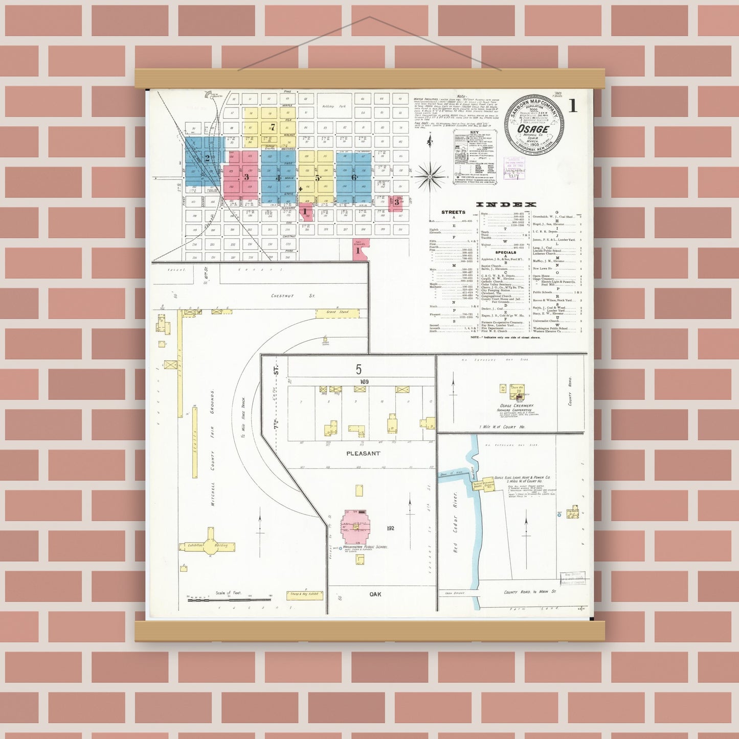 Old map wall art mockup — magnetic wood frame on brick wall — Sanborn Fire Insurance Map from Osage, Mitchell County, Iowa (1905) â€” Complete Set