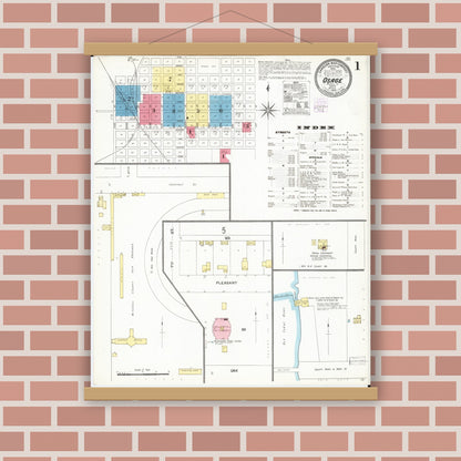 Old map wall art mockup — magnetic wood frame on brick wall — Sanborn Fire Insurance Map from Osage, Mitchell County, Iowa (1905) â€” Complete Set