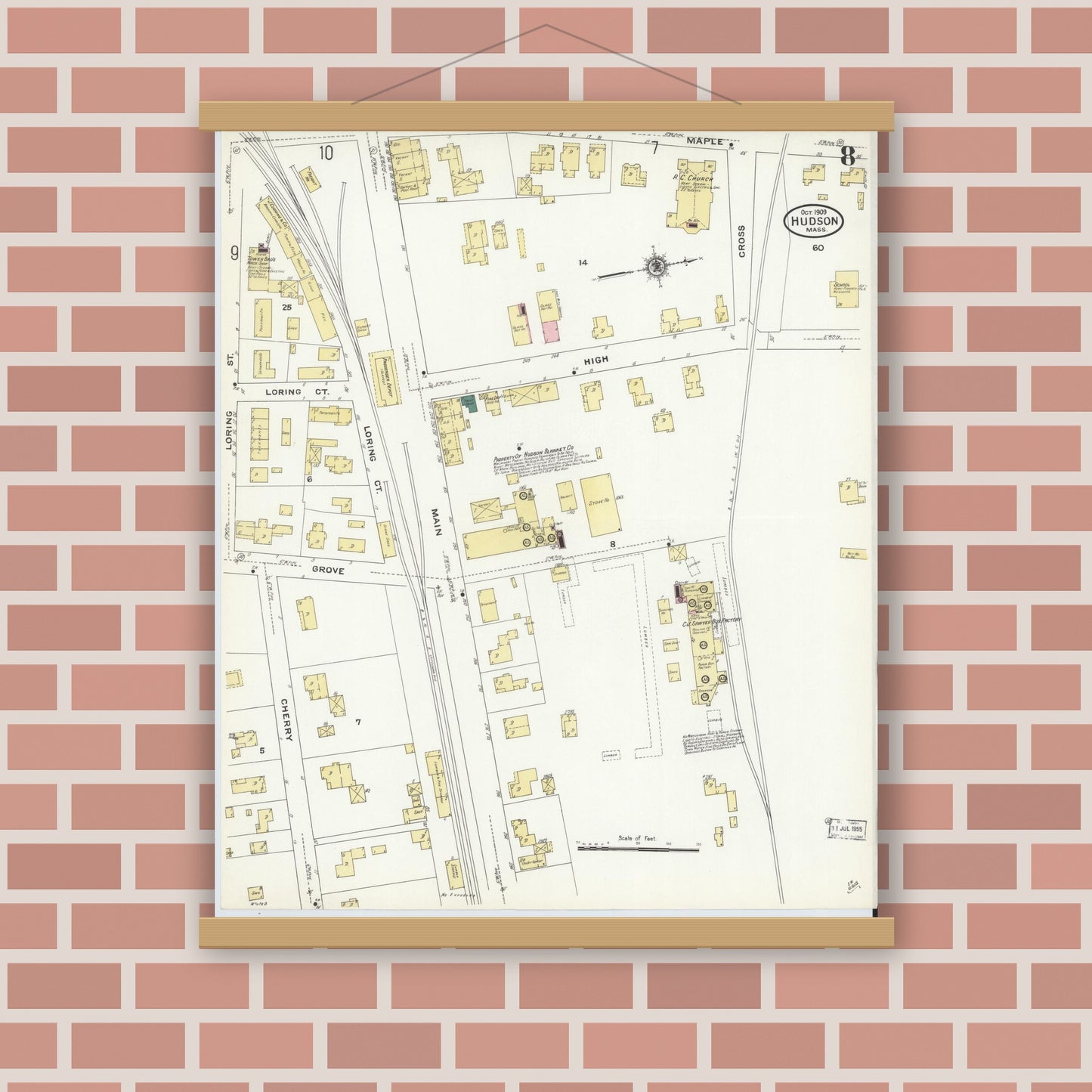Old map wall art mockup — magnetic wood frame on brick wall — Sanborn Fire Insurance Map from Hudson, Middlesex County, Massachusetts (1909), Sheet #0008