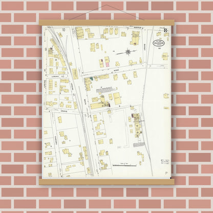 Old map wall art mockup — magnetic wood frame on brick wall — Sanborn Fire Insurance Map from Hudson, Middlesex County, Massachusetts (1909), Sheet #0008