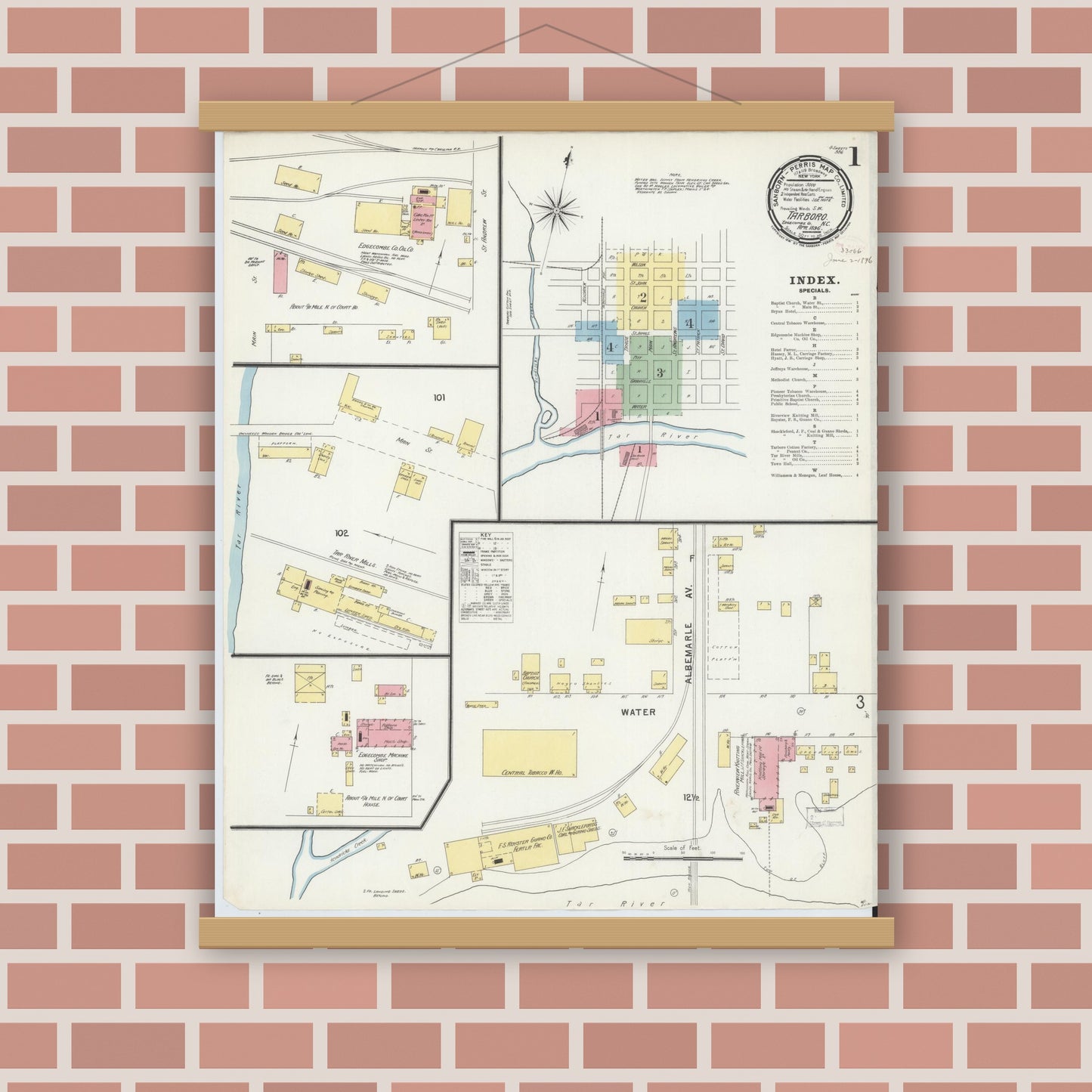 Old map wall art mockup — magnetic wood frame on brick wall — Sanborn Fire Insurance Map from Tarboro, Edgecombe County, North Carolina (1896) - Complete Map Set