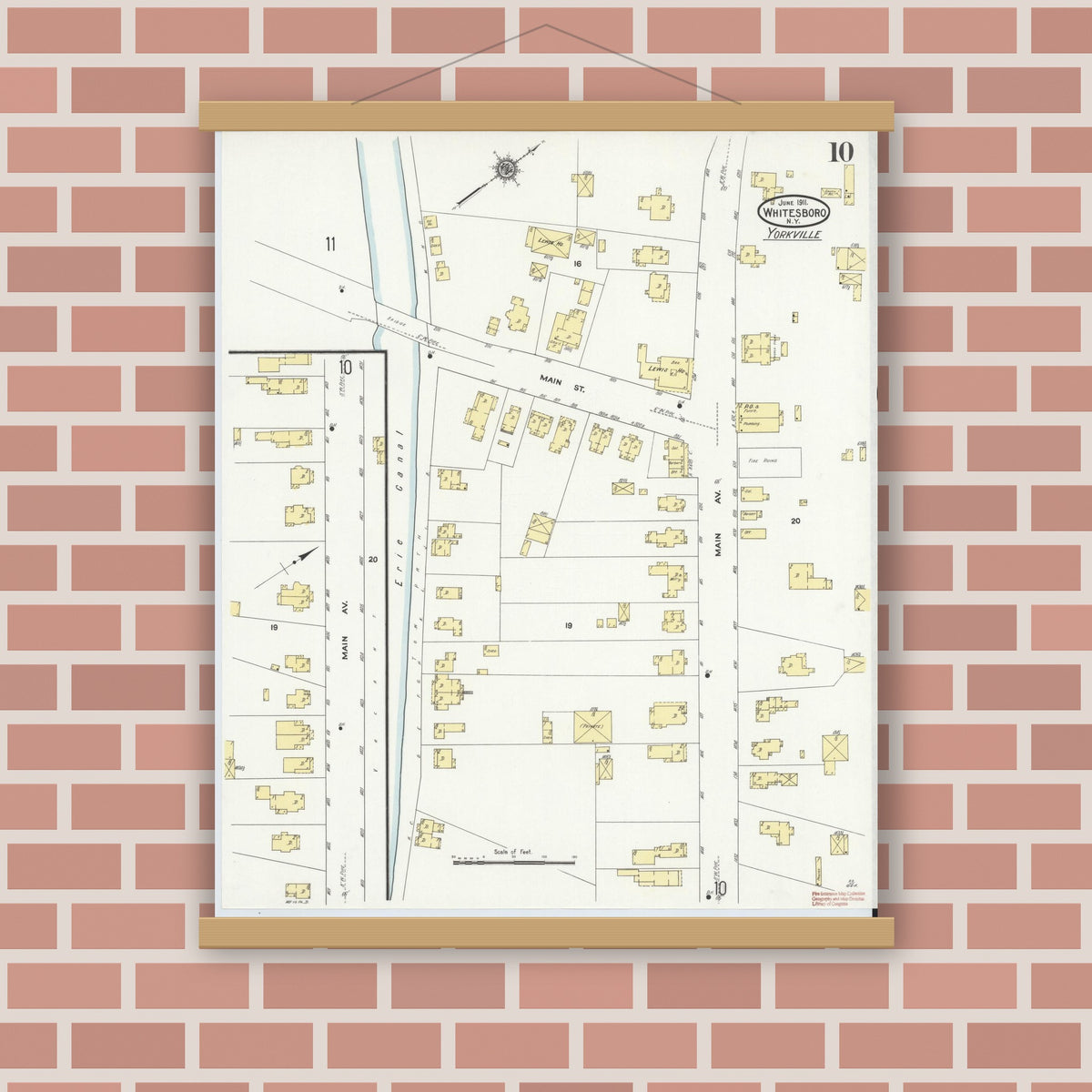Old map wall art mockup — magnetic wood frame on brick wall — Sanborn Fire Insurance Map from Whitesboro, Oneida County, New York (1911), Sheet #0010