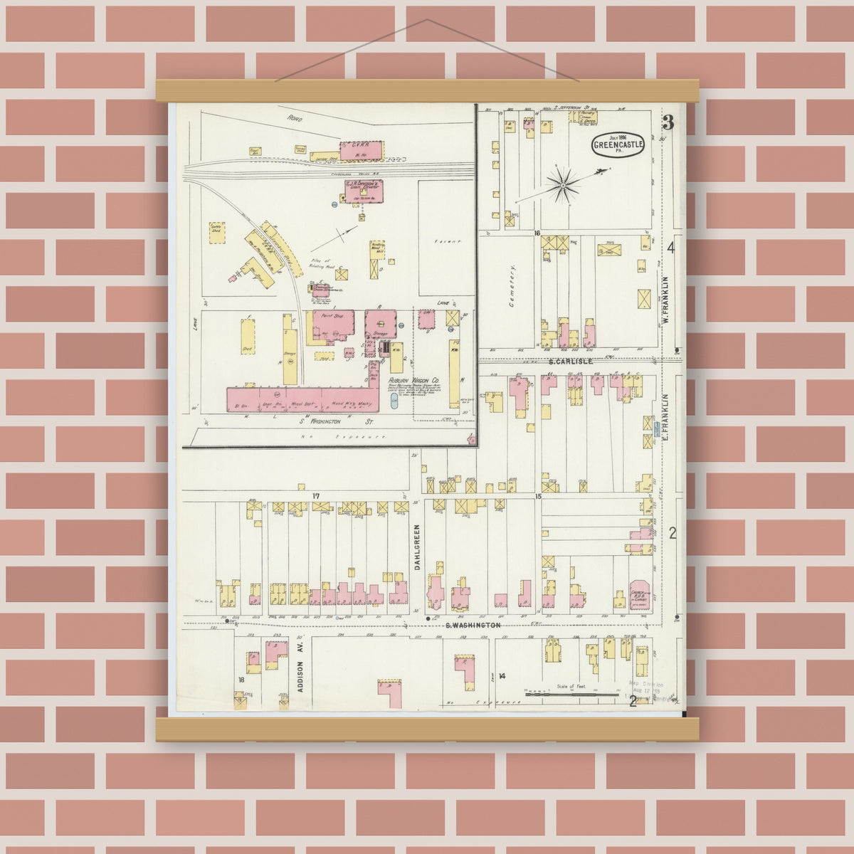 Old map wall art mockup — magnetic wood frame on brick wall — Sanborn Fire Insurance Map from Greencastle, Franklin County, Pennsylvania (1896), Sheet #0003