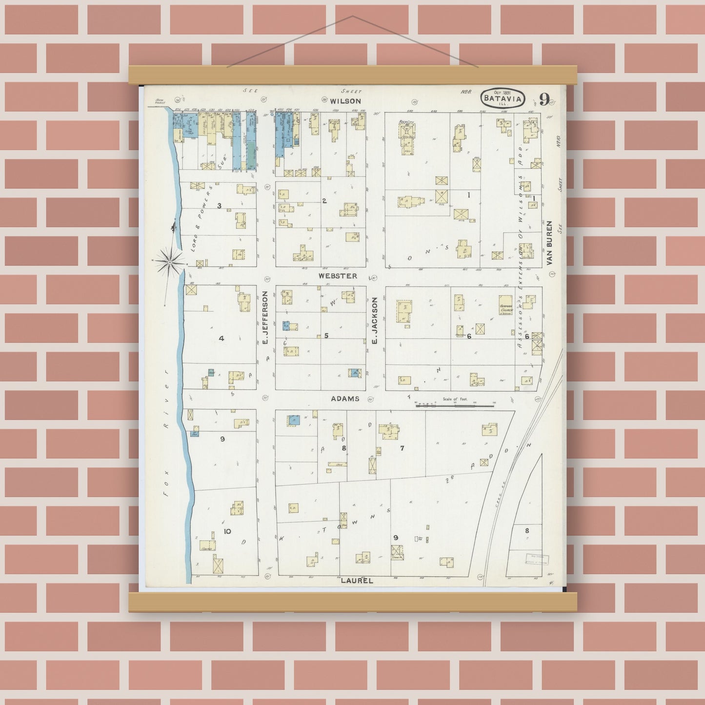 Old map wall art mockup — magnetic wood frame on brick wall — Sanborn Fire Insurance Map from Batavia, Kane County, Illinois (1891), Sheet #0009