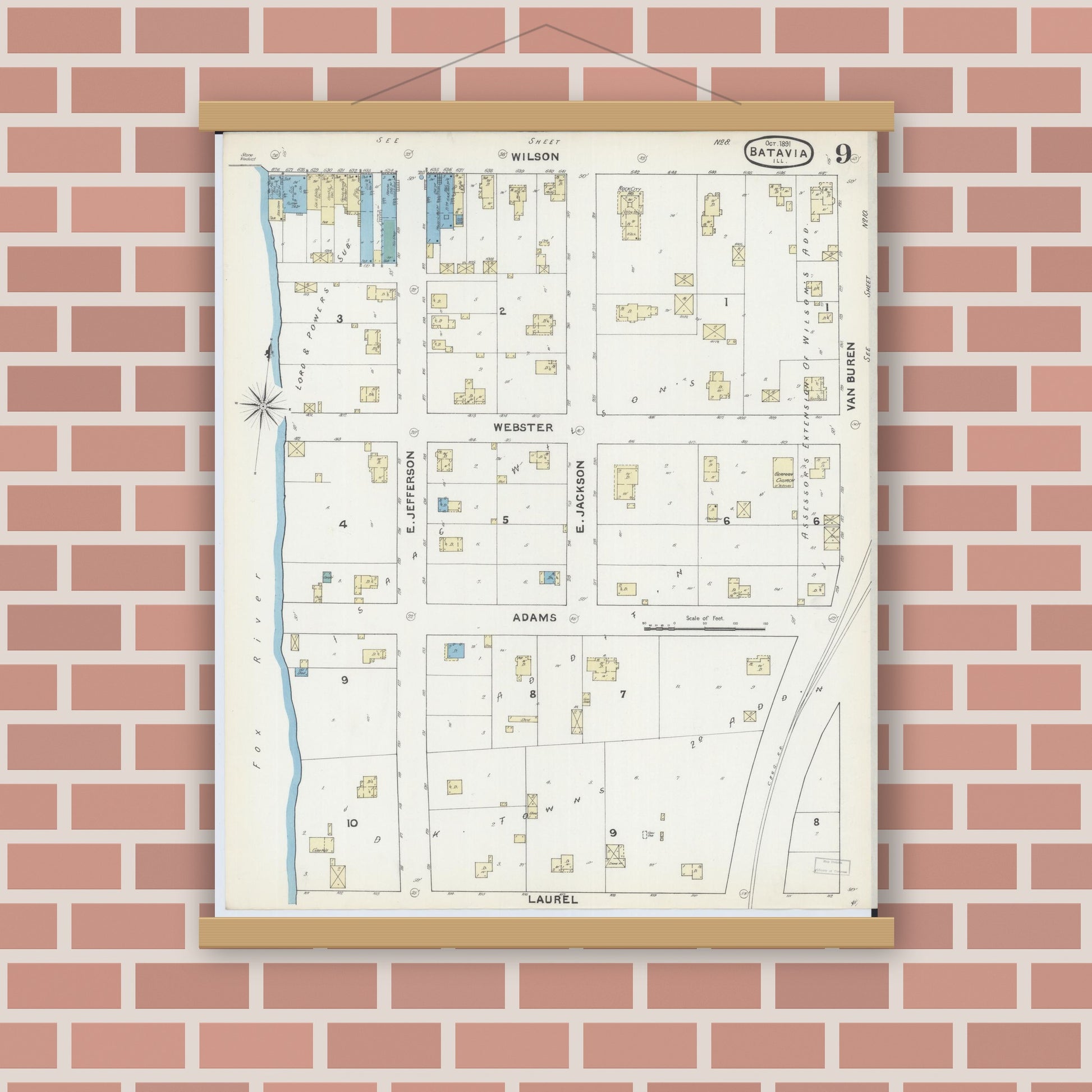 Old map wall art mockup — magnetic wood frame on brick wall — Sanborn Fire Insurance Map from Batavia, Kane County, Illinois (1891), Sheet #0009
