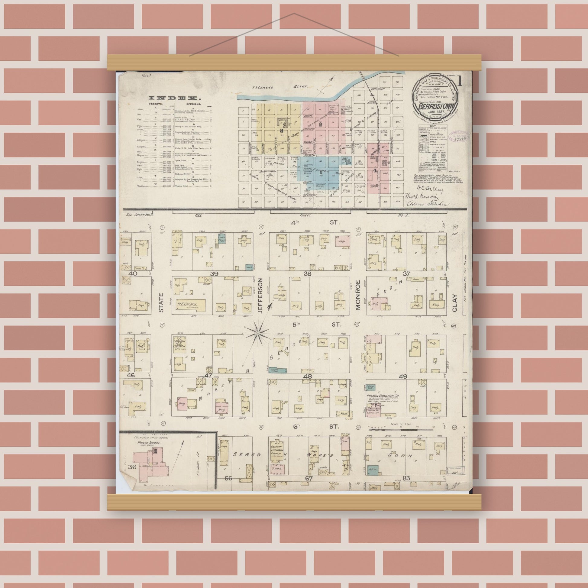 Old map wall art mockup — magnetic wood frame on brick wall — Sanborn Fire Insurance Map from Beardstown, Cass County, Illinois (1887) - Complete Map Set