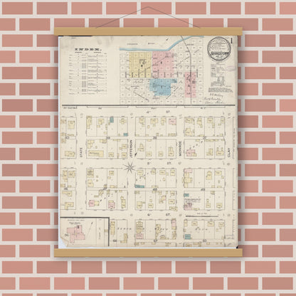 Old map wall art mockup — magnetic wood frame on brick wall — Sanborn Fire Insurance Map from Beardstown, Cass County, Illinois (1887) - Complete Map Set