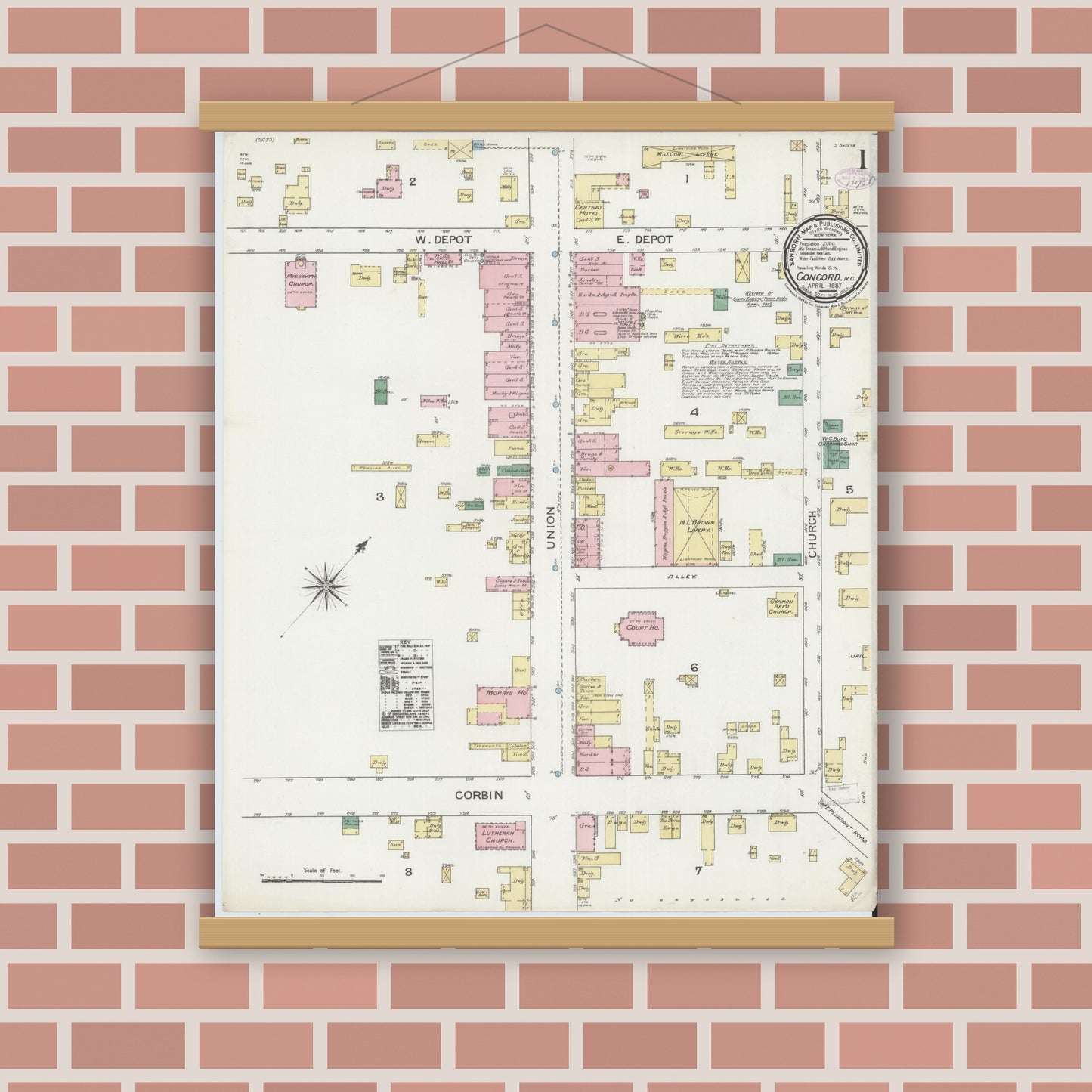 Old map wall art mockup — magnetic wood frame on brick wall — Sanborn Fire Insurance Map from Concord, Cabarrus County, North Carolina (1887) - Complete Map Set