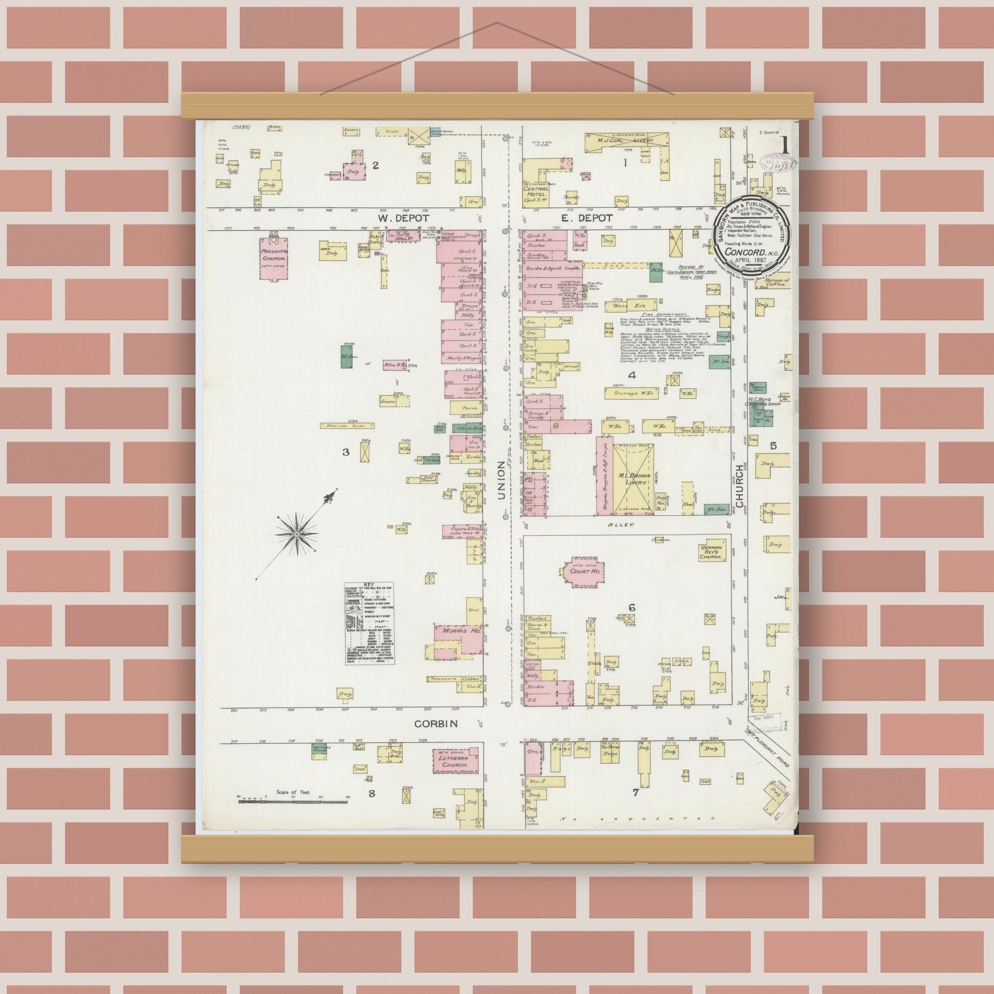Old map wall art mockup — magnetic wood frame on brick wall — Sanborn Fire Insurance Map from Concord, Cabarrus County, North Carolina (1887) - Complete Map Set