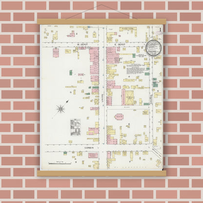 Old map wall art mockup — magnetic wood frame on brick wall — Sanborn Fire Insurance Map from Concord, Cabarrus County, North Carolina (1887) - Complete Map Set