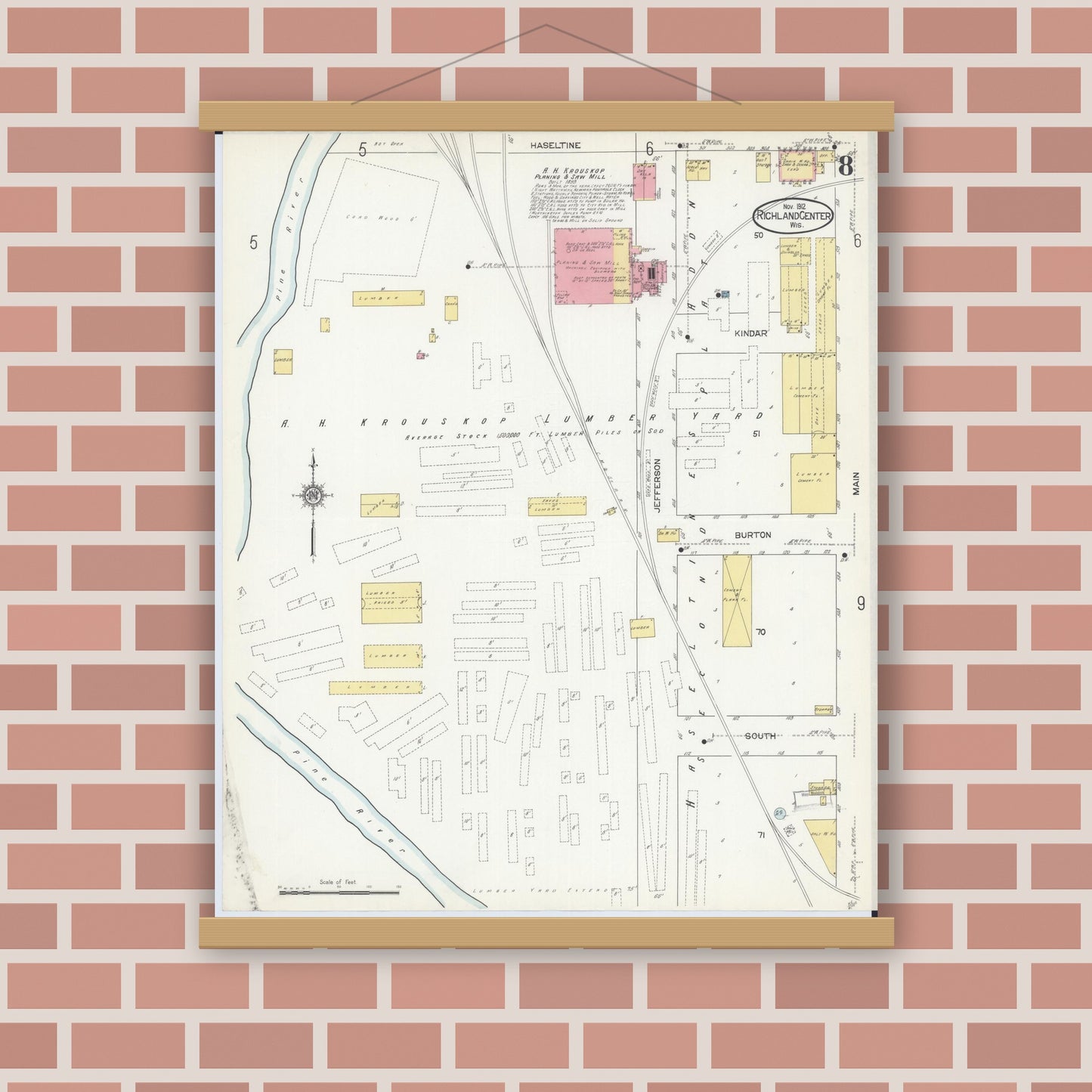 Old map wall art mockup — magnetic wood frame on brick wall — Sanborn Fire Insurance Map from Richland Center, Richland County, Wisconsin (1912), Sheet #0008