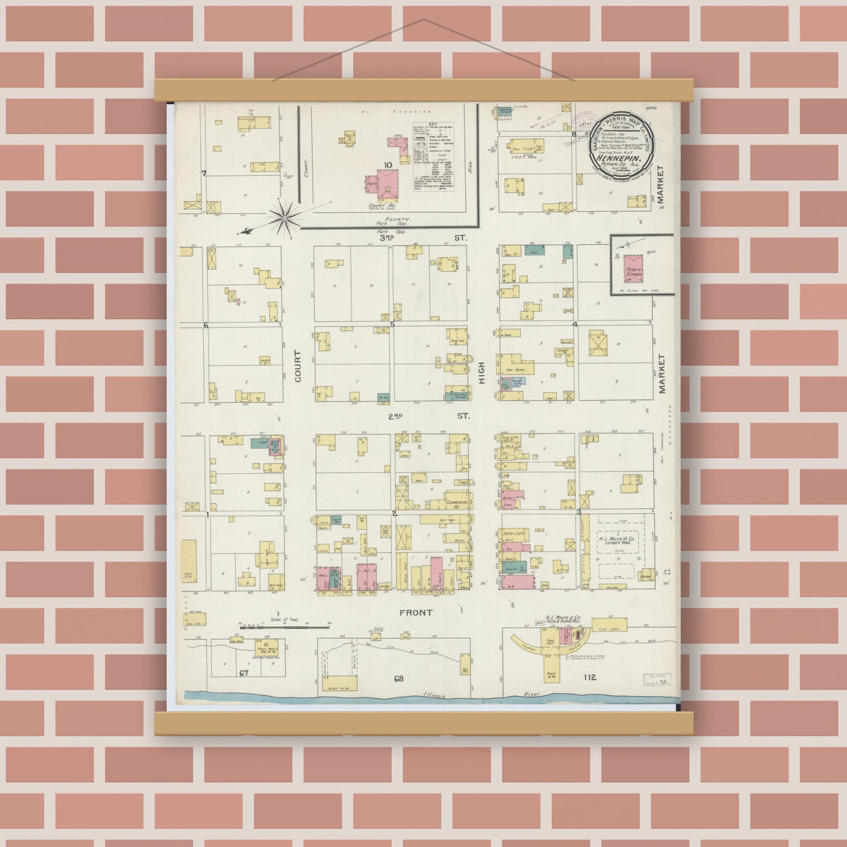 Old map wall art mockup — magnetic wood frame on brick wall — Sanborn Fire Insurance Map from Hennepin, Putnam County, Illinois (1893), Sheet #0001