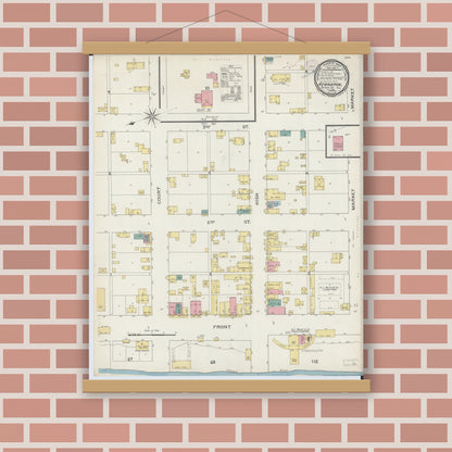 Old map wall art mockup — magnetic wood frame on brick wall — Sanborn Fire Insurance Map from Hennepin, Putnam County, Illinois (1893), Sheet #0001