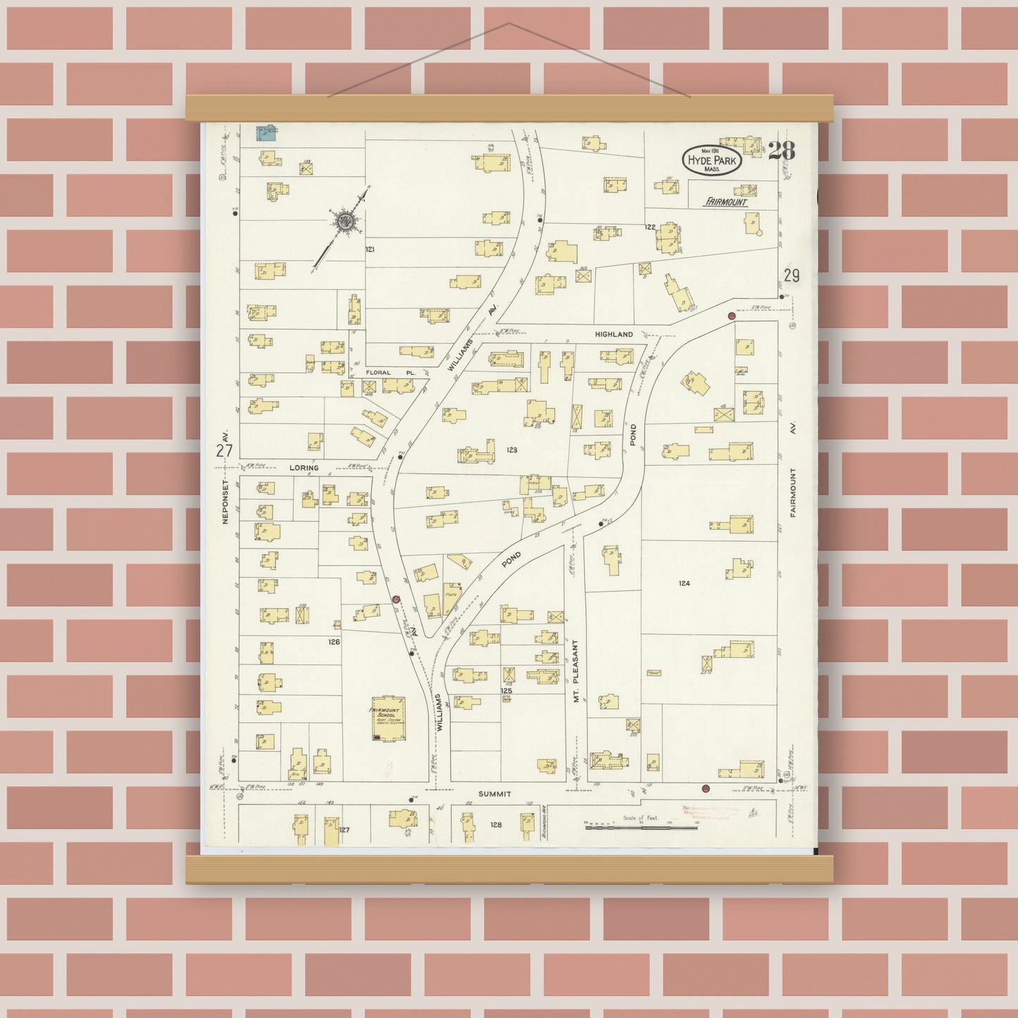 Old map wall art mockup — magnetic wood frame on brick wall — Sanborn Fire Insurance Map from Hyde Park, Norfolk County, Massachusetts (1911), Sheet #0028