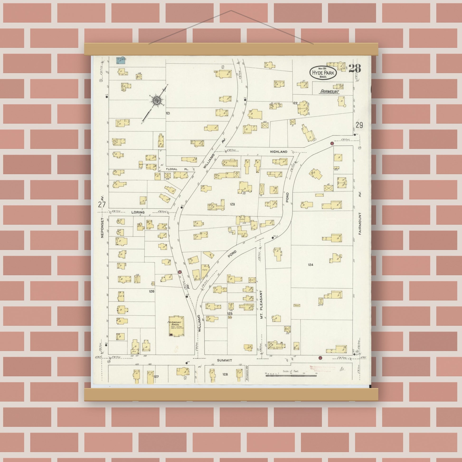 Old map wall art mockup — magnetic wood frame on brick wall — Sanborn Fire Insurance Map from Hyde Park, Norfolk County, Massachusetts (1911), Sheet #0028