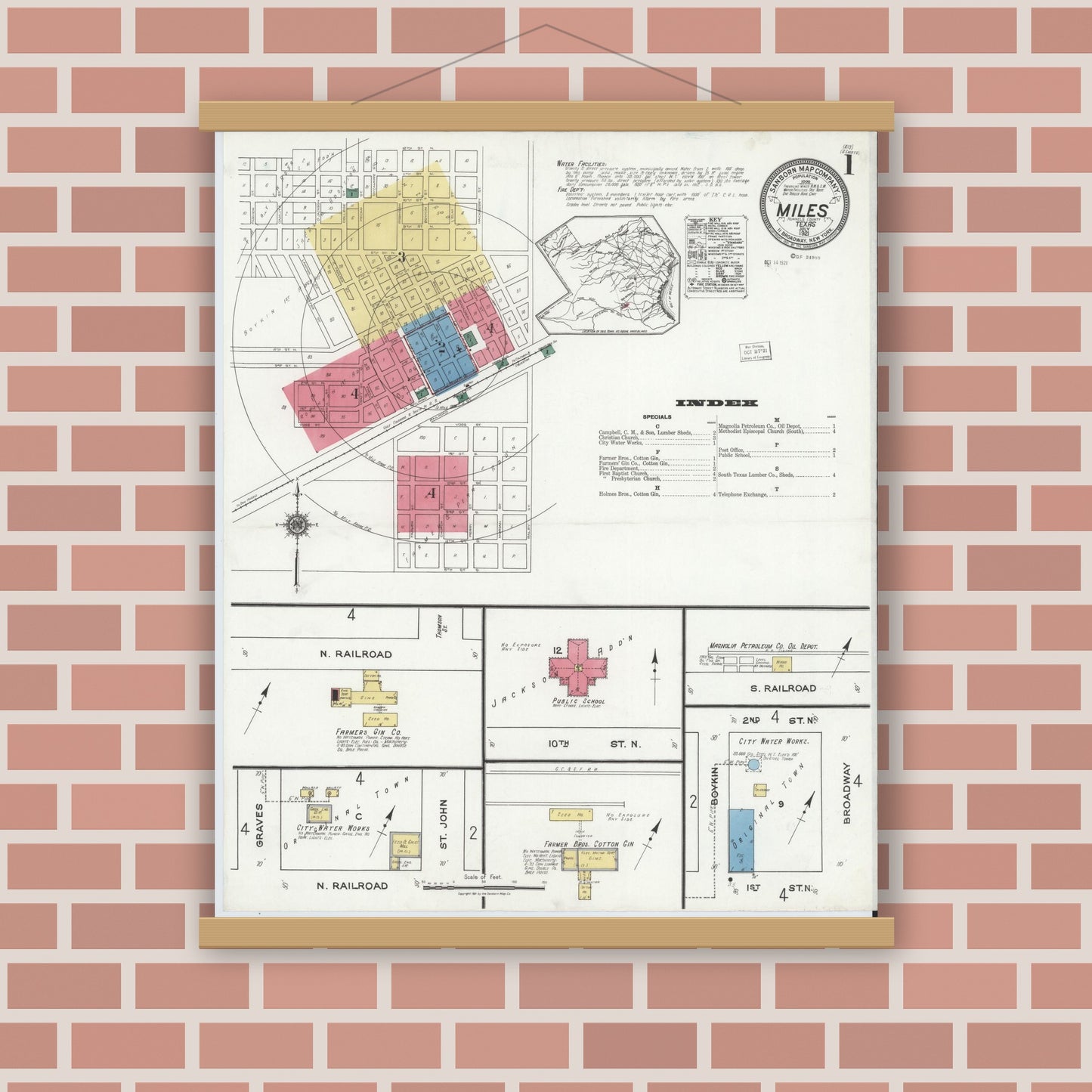 Old map wall art mockup — magnetic wood frame on brick wall — Sanborn Fire Insurance Map from Miles, Runnels County, Texas (1921) - Complete Map Set