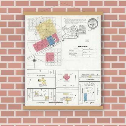 Old map wall art mockup — magnetic wood frame on brick wall — Sanborn Fire Insurance Map from Miles, Runnels County, Texas (1921) - Complete Map Set
