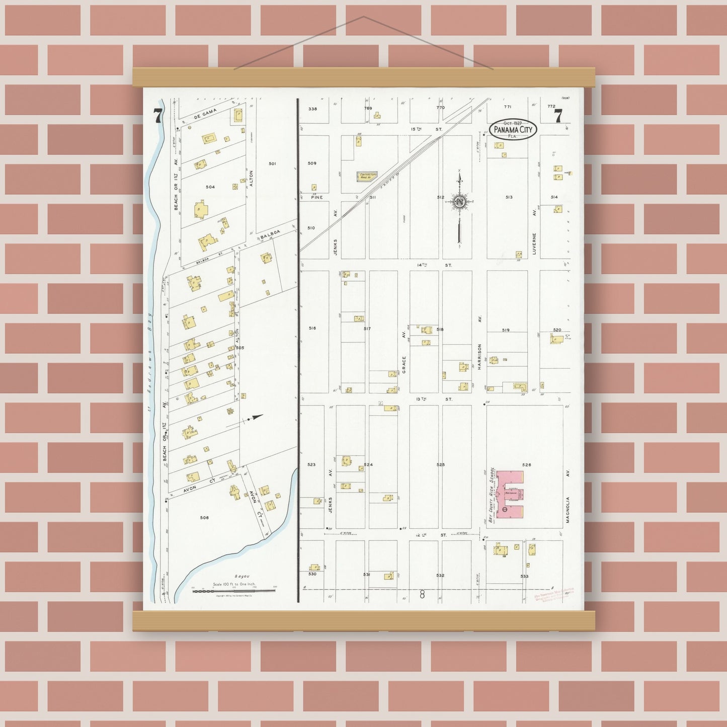 Old map wall art mockup — magnetic wood frame on brick wall — Sanborn Fire Insurance Map from Panama City, Bay County, Florida (1927), Sheet #0007