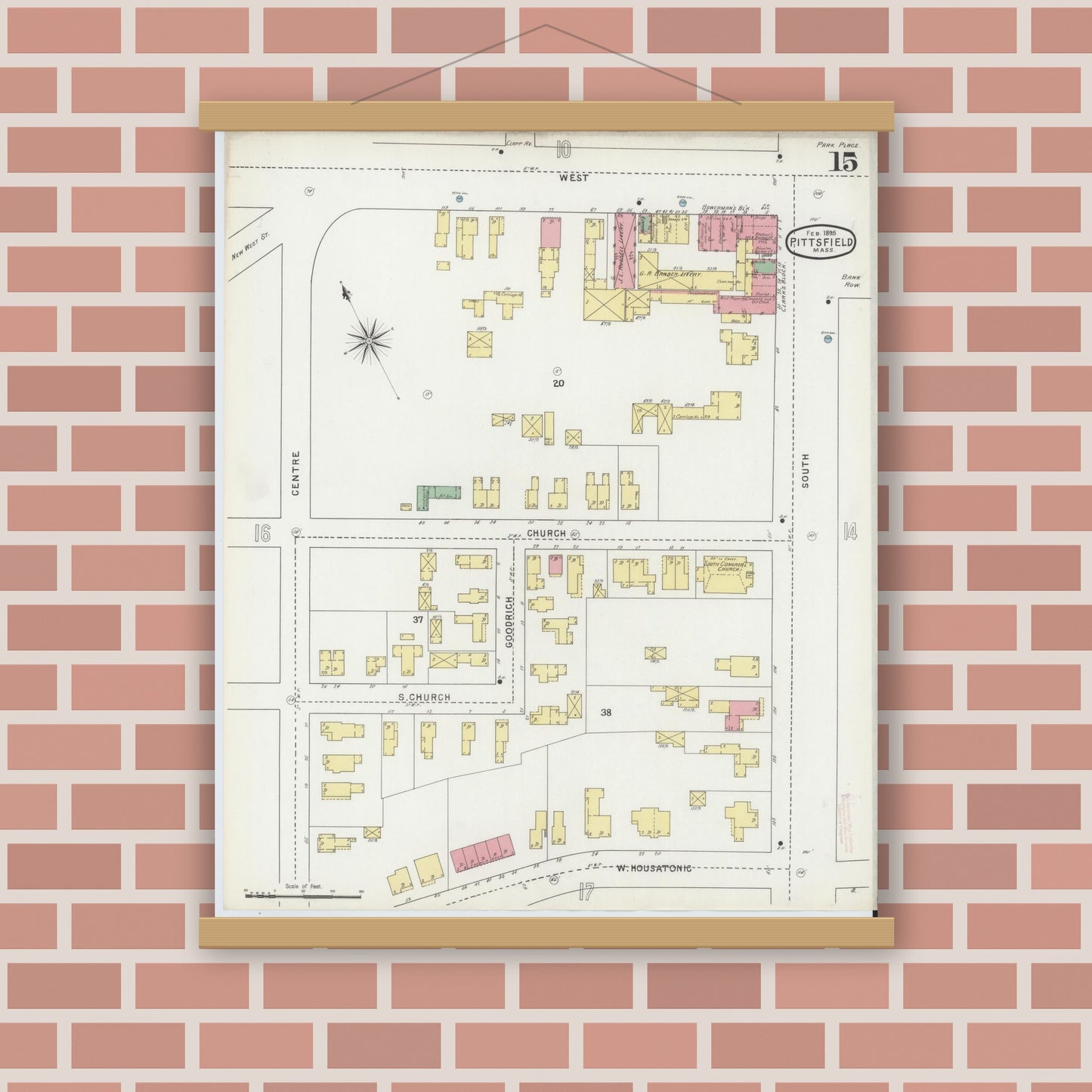 Old map wall art mockup — magnetic wood frame on brick wall — Sanborn Fire Insurance Map from Pittsfield, Berkshire County, Massachusetts (1895), Sheet #0015