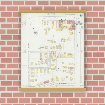 Old map wall art mockup — magnetic wood frame on brick wall — Sanborn Fire Insurance Map from Pittsfield, Berkshire County, Massachusetts (1895), Sheet #0015
