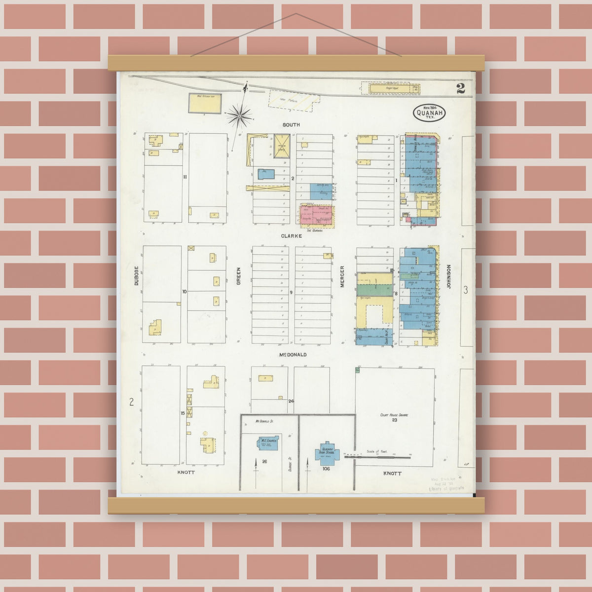 Old map wall art mockup — magnetic wood frame on brick wall — Sanborn Fire Insurance Map from Quanah, Hardeman County, Texas (1904), Sheet #0002