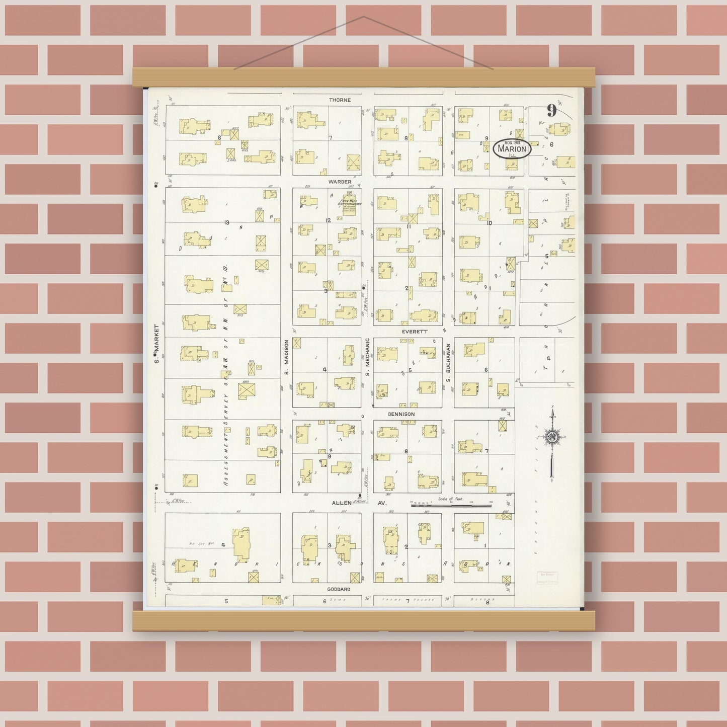 Old map wall art mockup — magnetic wood frame on brick wall — Sanborn Fire Insurance Map from Marion, Williamson County, Illinois (1913), Sheet #0009