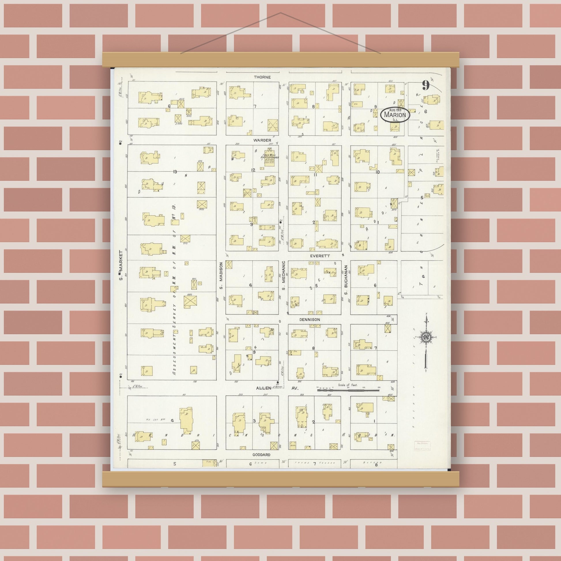 Old map wall art mockup — magnetic wood frame on brick wall — Sanborn Fire Insurance Map from Marion, Williamson County, Illinois (1913), Sheet #0009