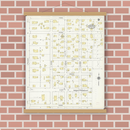 Old map wall art mockup — magnetic wood frame on brick wall — Sanborn Fire Insurance Map from Marion, Williamson County, Illinois (1913), Sheet #0009