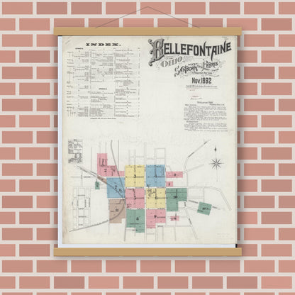 Old map wall art mockup — magnetic wood frame on brick wall — Sanborn Fire Insurance Map from Bellefontaine, Logan County, Ohio (1892), Sheet #0001