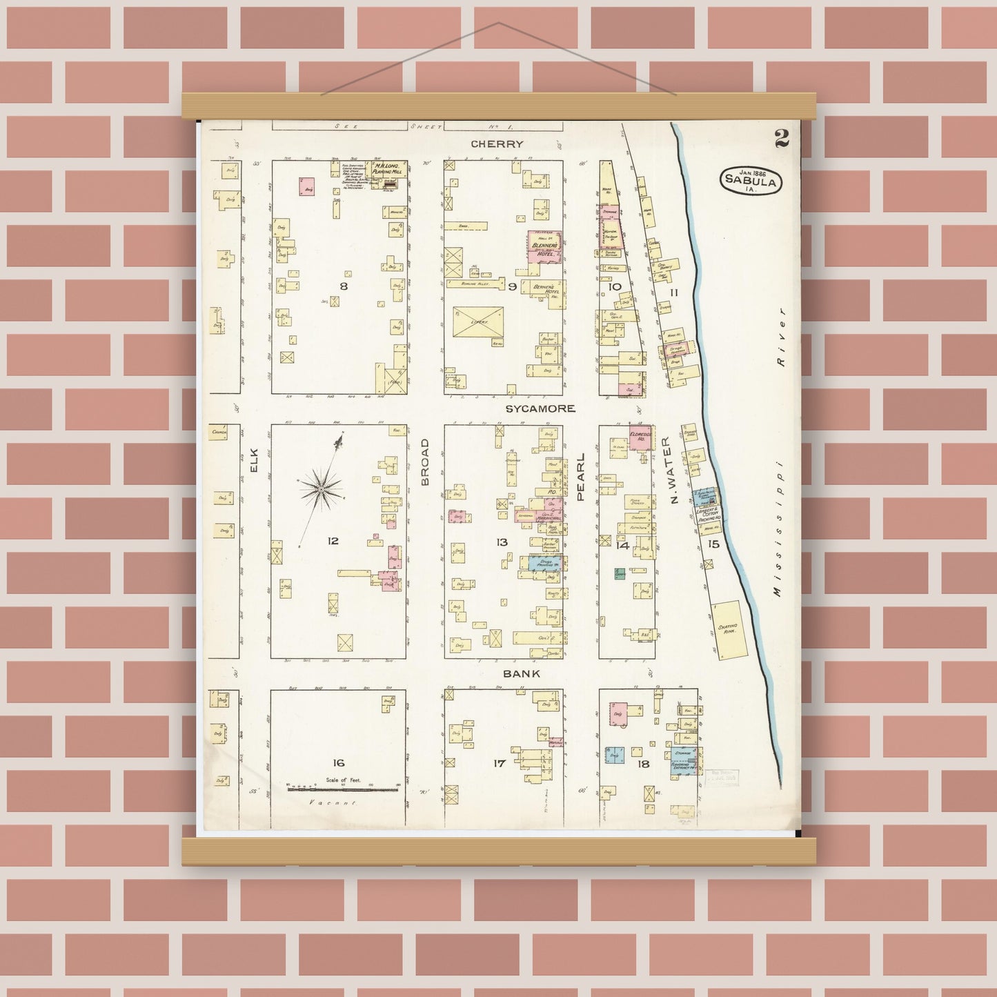 Old map wall art mockup — magnetic wood frame on brick wall — Sanborn Fire Insurance Map from Sabula, Jackson County, Iowa (1886), Sheet #0002