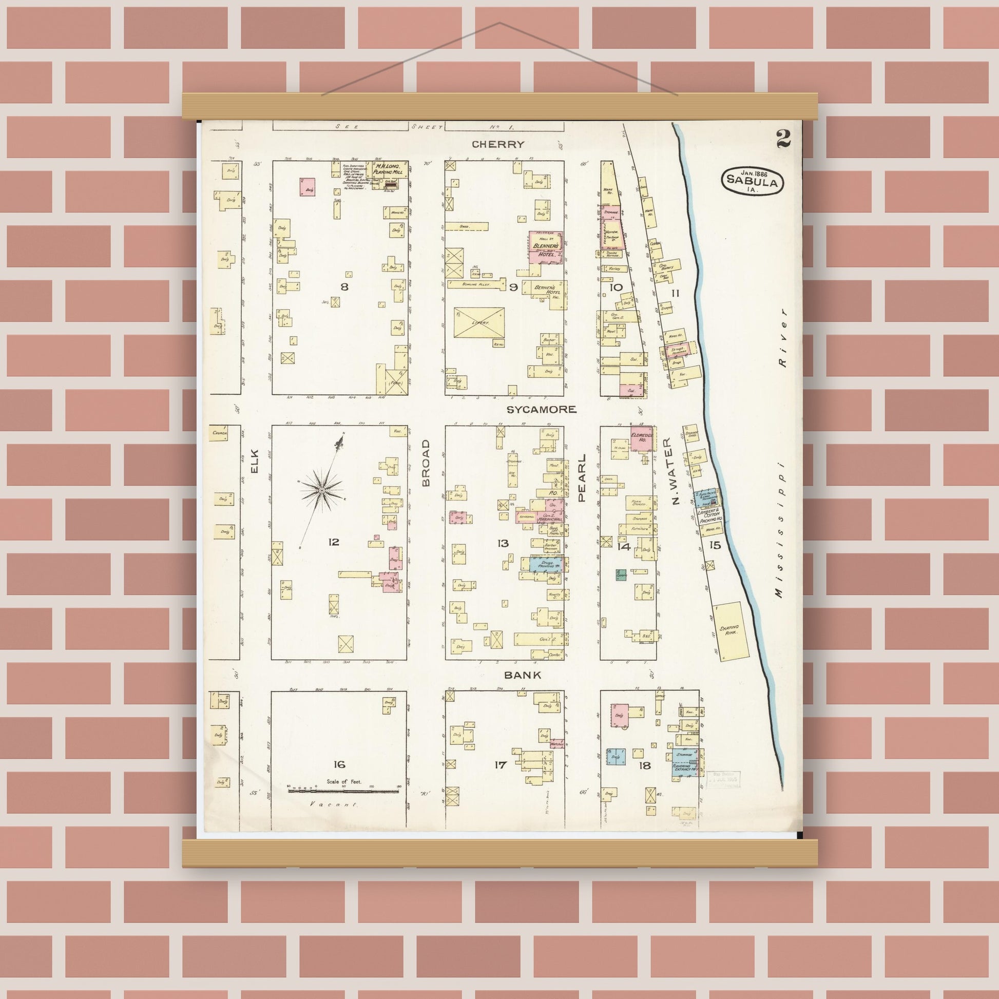 Old map wall art mockup — magnetic wood frame on brick wall — Sanborn Fire Insurance Map from Sabula, Jackson County, Iowa (1886), Sheet #0002