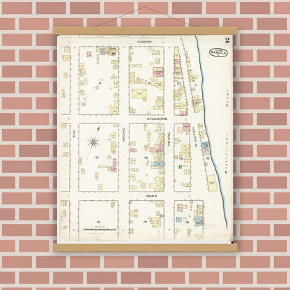 Old map wall art mockup — magnetic wood frame on brick wall — Sanborn Fire Insurance Map from Sabula, Jackson County, Iowa (1886), Sheet #0002
