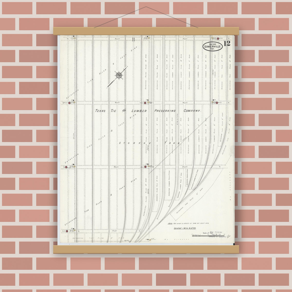 Old map wall art mockup — magnetic wood frame on brick wall — Sanborn Fire Insurance Map from Somerville, Burleson County, Texas (1910), Sheet #0012