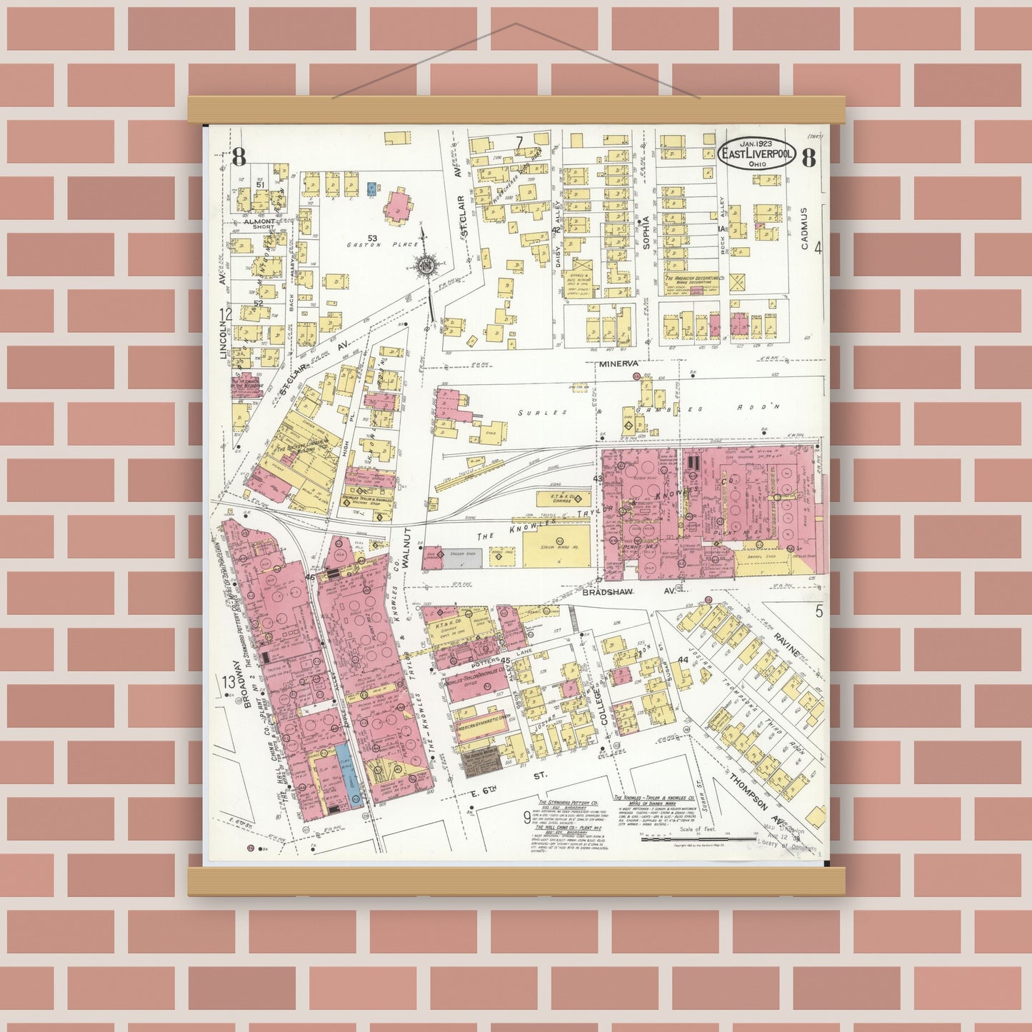 Old map wall art mockup — magnetic wood frame on brick wall — Sanborn Fire Insurance Map from East Liverpool, Columbiana County, Ohio (1923), Sheet #0008