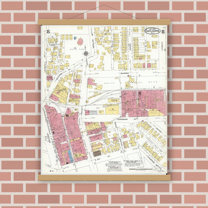 Old map wall art mockup — magnetic wood frame on brick wall — Sanborn Fire Insurance Map from East Liverpool, Columbiana County, Ohio (1923), Sheet #0008