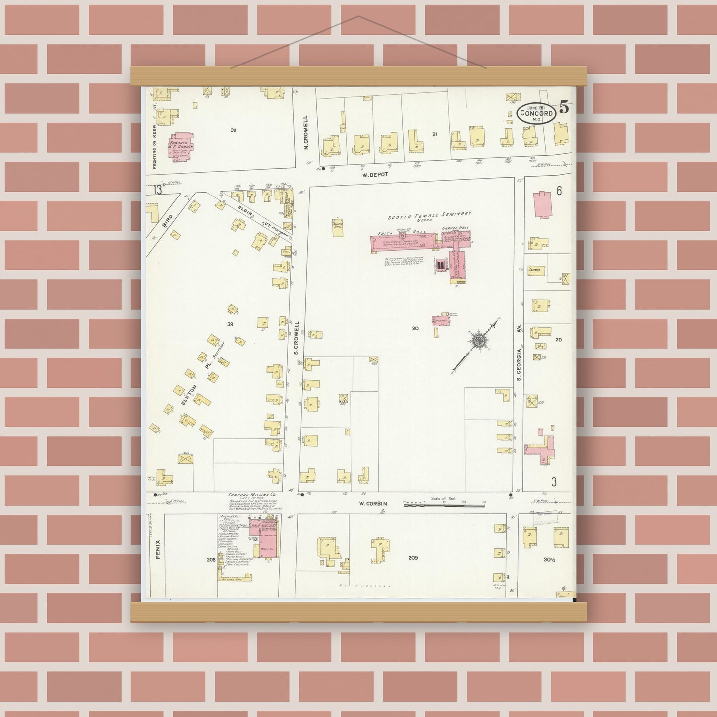 Old map wall art mockup — magnetic wood frame on brick wall — Sanborn Fire Insurance Map from Concord, Cabarrus County, North Carolina (1911), Sheet #0005