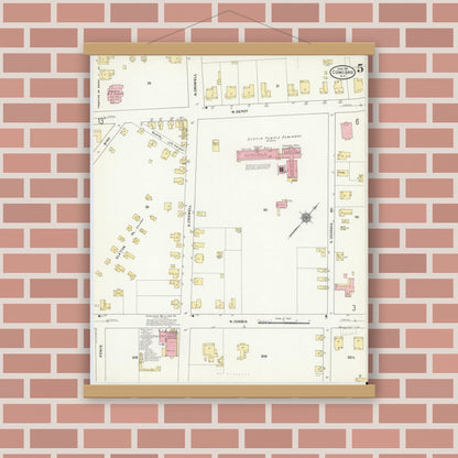 Old map wall art mockup — magnetic wood frame on brick wall — Sanborn Fire Insurance Map from Concord, Cabarrus County, North Carolina (1911), Sheet #0005
