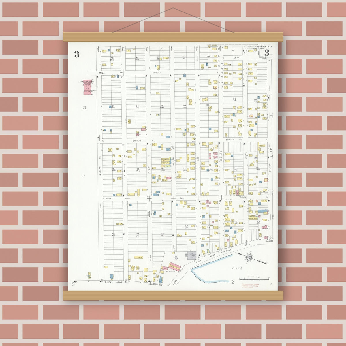 Old map wall art mockup — magnetic wood frame on brick wall — Sanborn Fire Insurance Map from East Paterson, Bergen County, New Jersey (1932), Sheet #0003