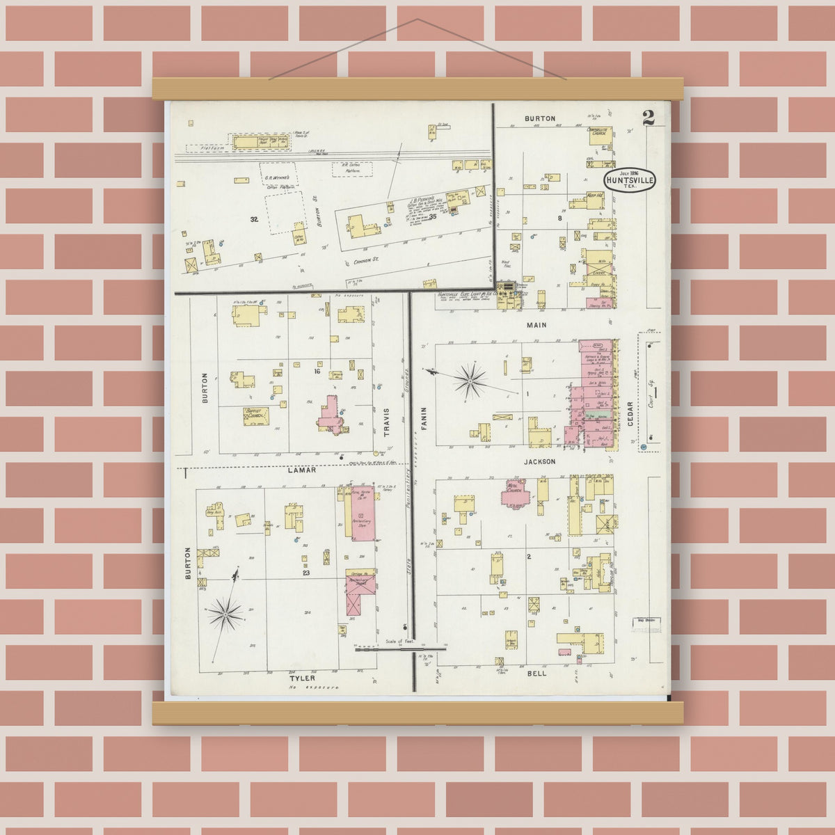 Old map wall art mockup — magnetic wood frame on brick wall — Sanborn Fire Insurance Map from Huntsville, Walker County, Texas (1896), Sheet #0002