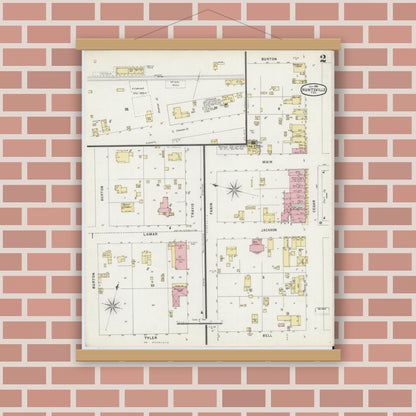 Old map wall art mockup — magnetic wood frame on brick wall — Sanborn Fire Insurance Map from Huntsville, Walker County, Texas (1896), Sheet #0002