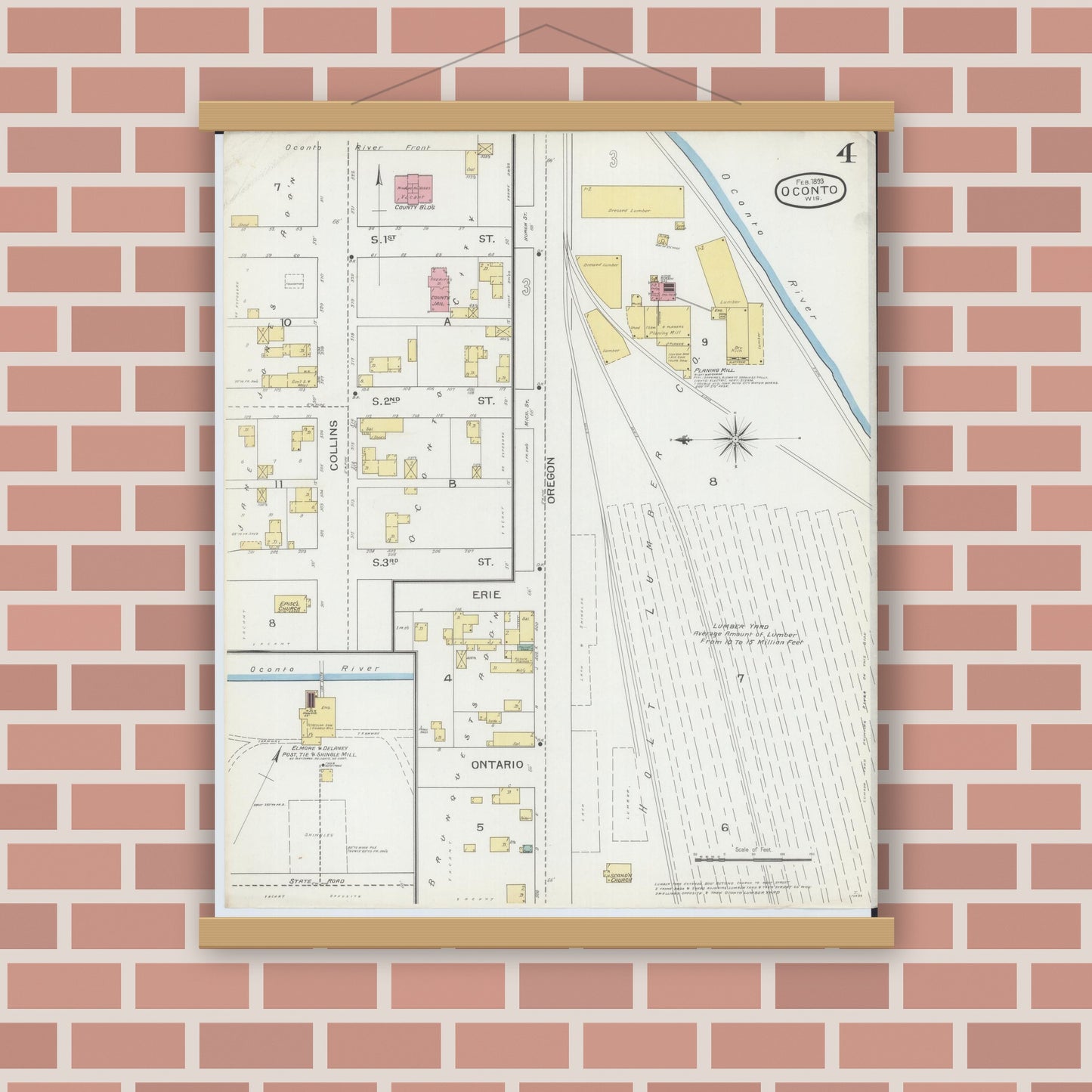 Old map wall art mockup — magnetic wood frame on brick wall — Sanborn Fire Insurance Map from Oconto, Oconto County, Wisconsin (1893), Sheet #0004