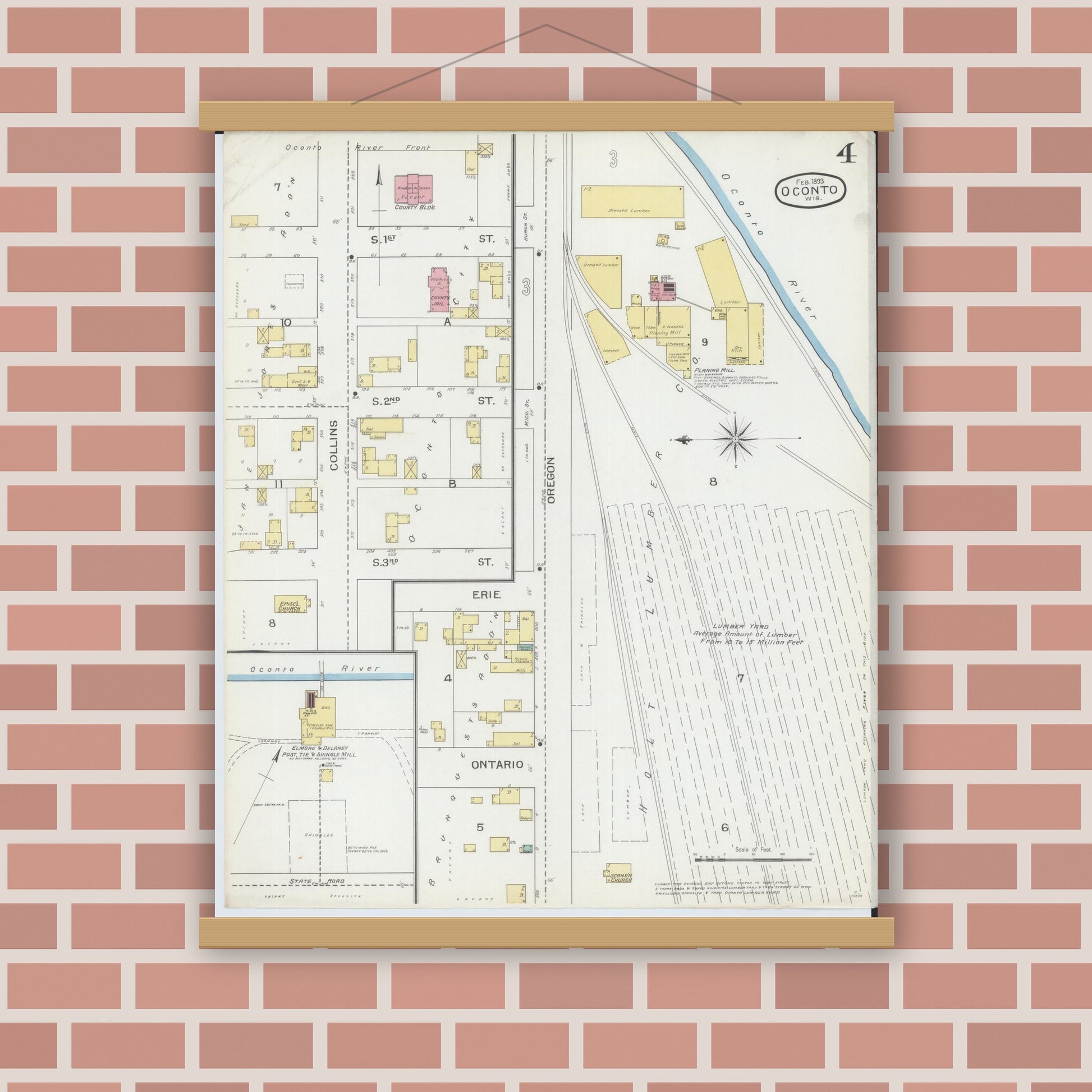 Old map wall art mockup — magnetic wood frame on brick wall — Sanborn Fire Insurance Map from Oconto, Oconto County, Wisconsin (1893), Sheet #0004